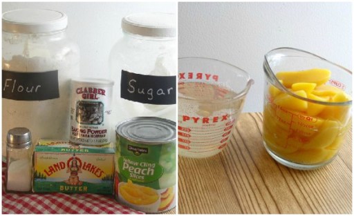Jars of Flour and Sugar, Baking Powder Can, Box of Butter, Can of Sliced Peaches and Salt Shaker, Measuring Cup with Sliced Peaches, Measuring Cup of Peach Juice