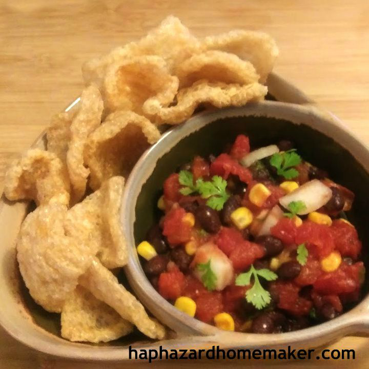 Black Bean Salsa with Corn and fried pork rinds