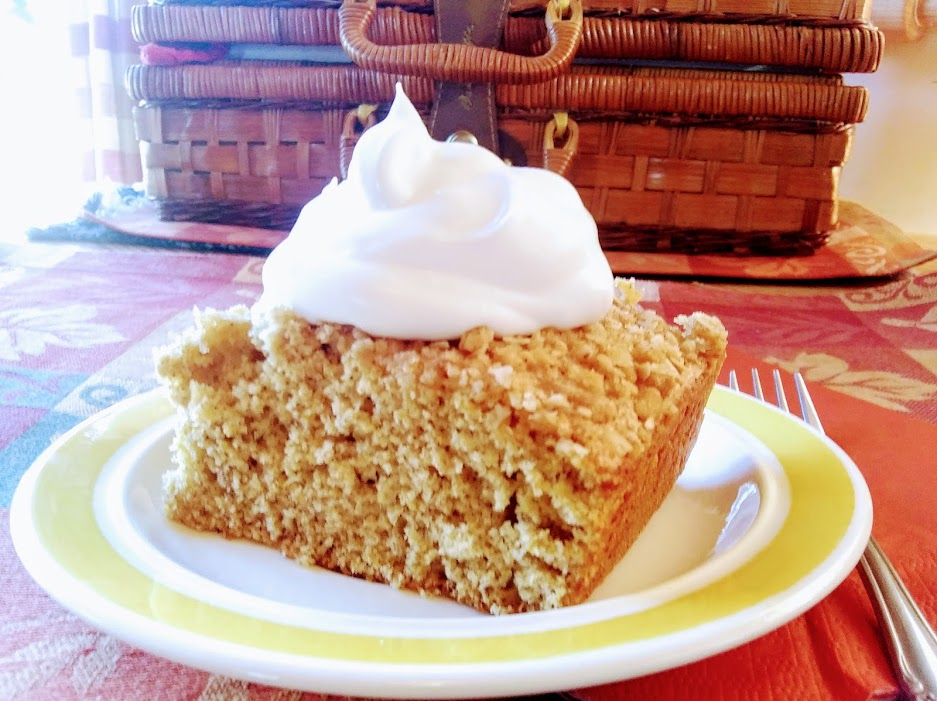 Easy Pumpkin Spice Cake with Oatmeal Streusel Crumb Topping and Cool Whip - haphazardhomemaker.com